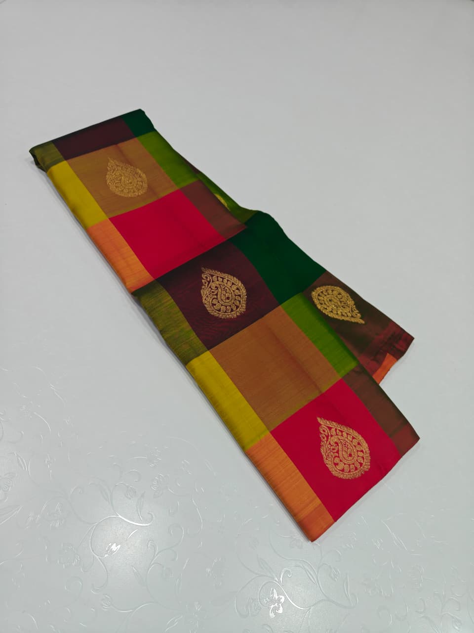 Multicolor Checked Kanchipuram Silk Saree - Crimson Red